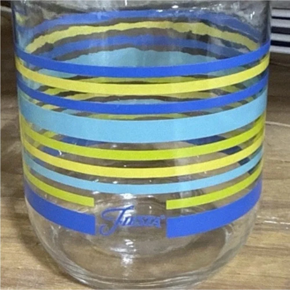 Fiesta Stripes Mason Jar Drinking Glasses Blue Yellow Aqua Fiesta Logo Set of 4